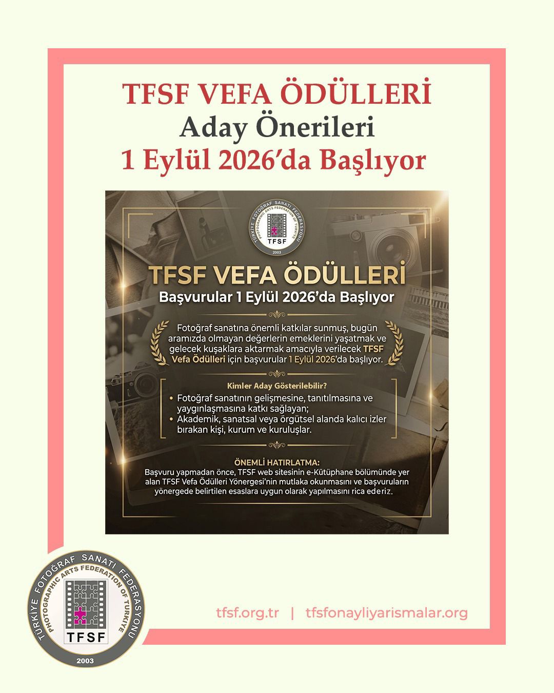 TFSF Vefa Ödülleri İçin Başvurular 1 Eylül 2026’da başlıyor